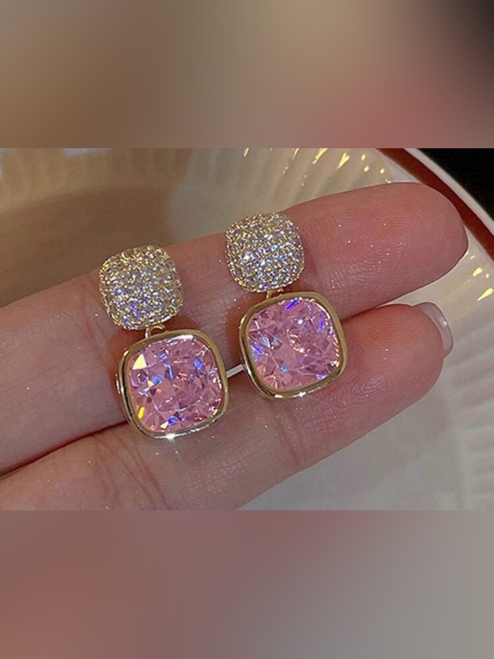 Pink Cubic Zirconia Drop Earrings with Gold Setting
